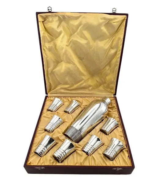 A 1930s Silver plated Art deco cocktail set with silver plated cocktail