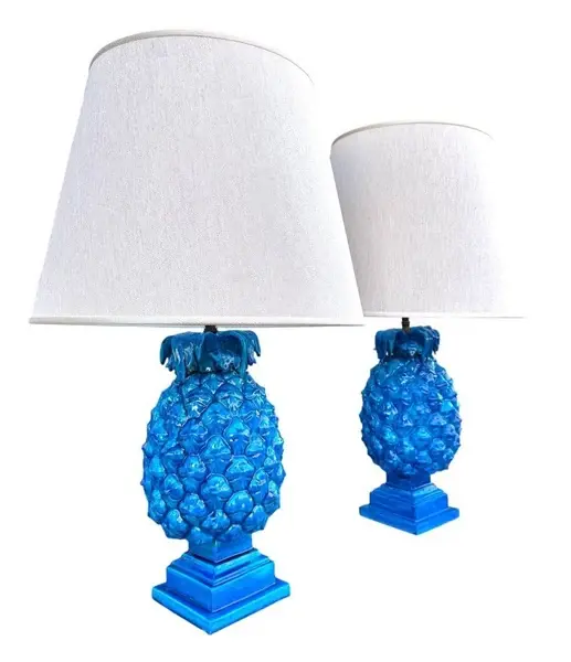 A lovely pair of large 1970s Italian cobalt blue ceramic pineapple lamps