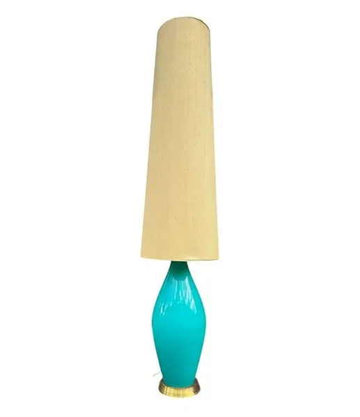 A large Italian 1960s turquoise glass and brass floor lamp with orignal