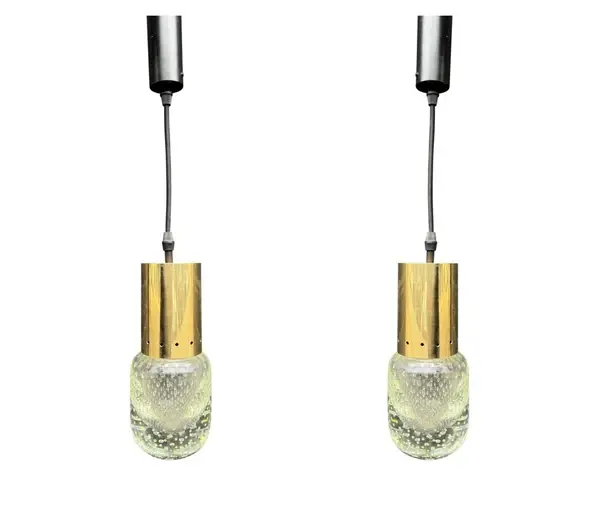 A rare pair of 1950s Murano glass and brass pendant light by Gino