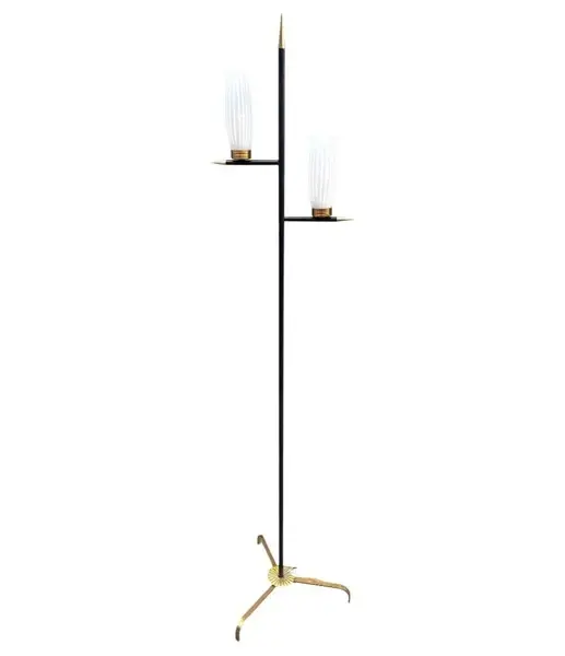 An Italian 1960s black lacquer and brass floor lamp with opaline glass shades