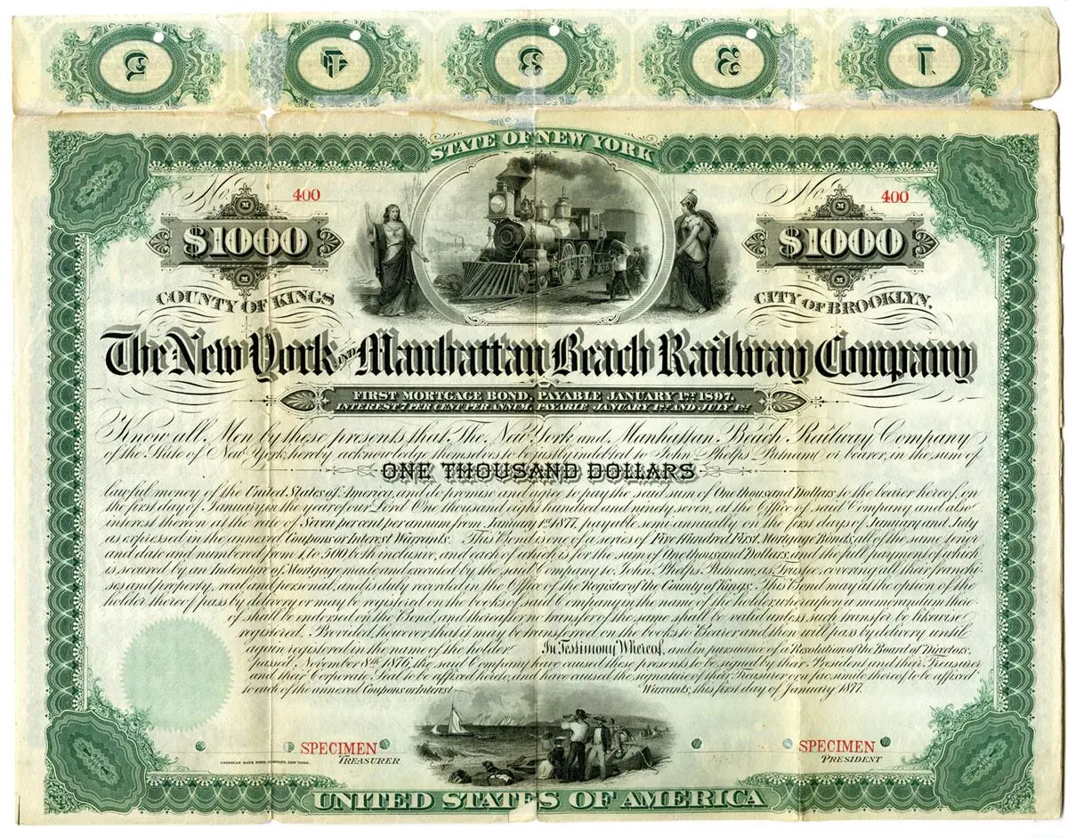 NY. New York and Manhattan Beach Railway Co., 1877, Unlisted Specimen