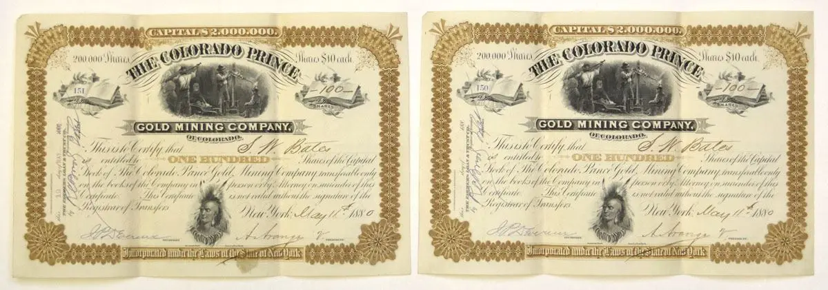 CO. Colorado Prince Gold Mining Co., 1880, I/U Stock Certificate Pair.