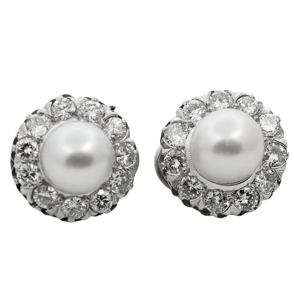 Pearl Diamond Gold Halo Earrings