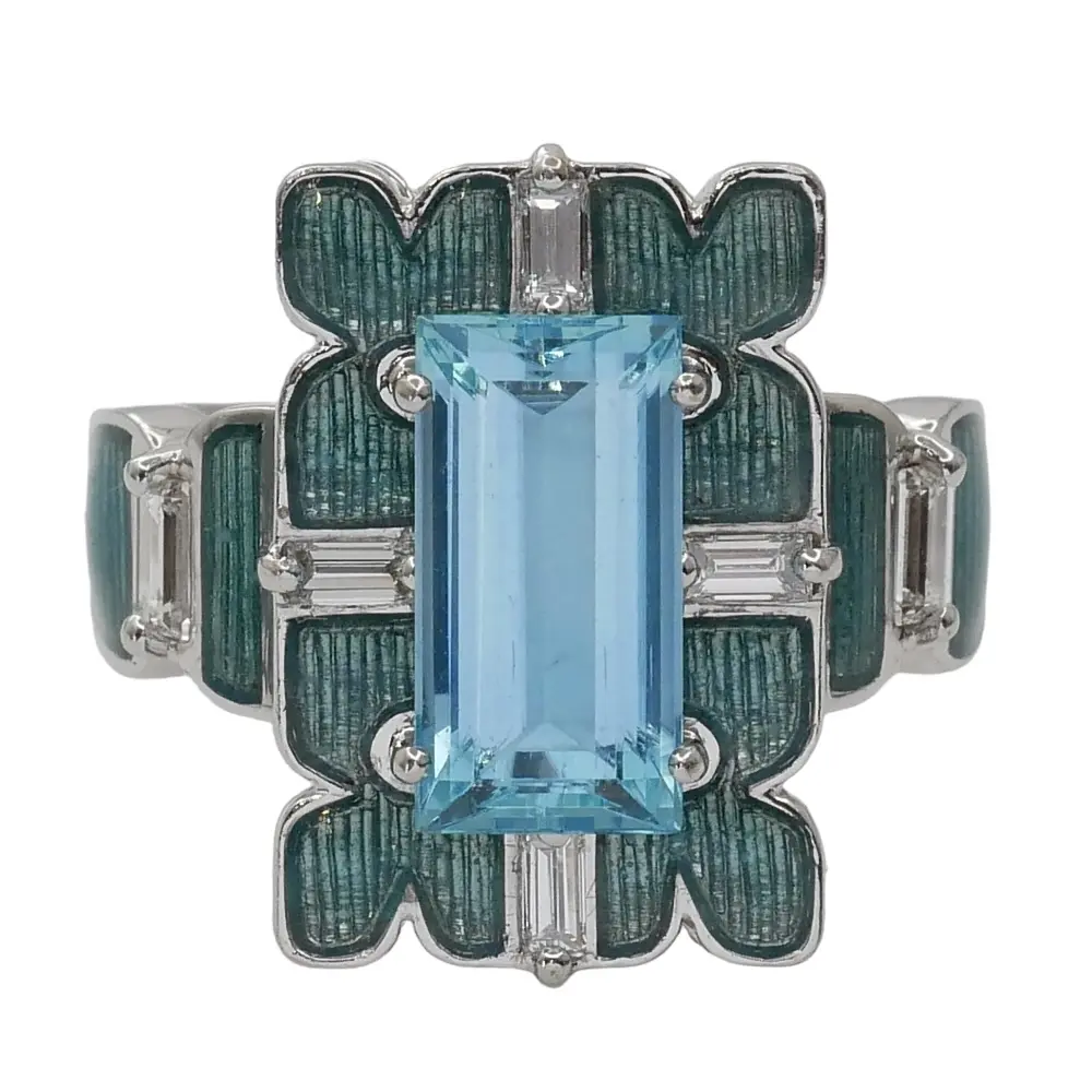 Vintage Aquamarine Enamel Gold Ring