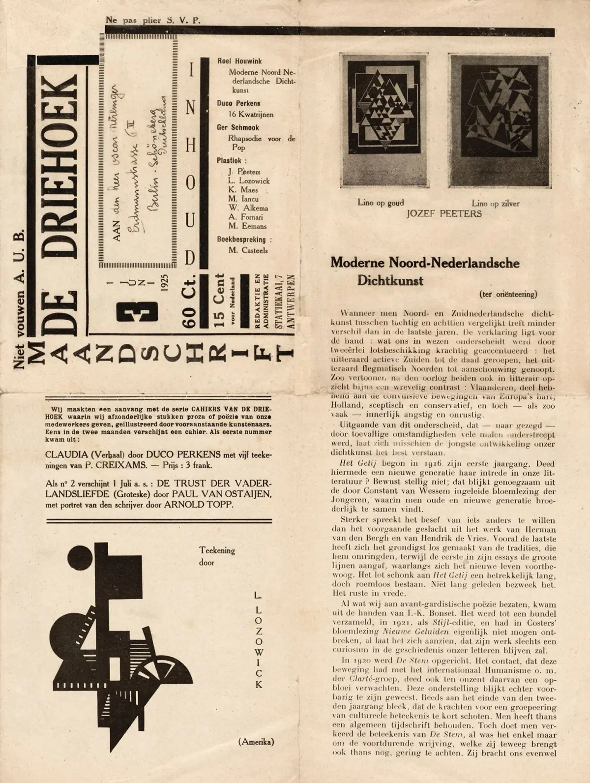 Belgium [MAGAZINE]. DE DRIEHOEK. Antwerp, No. 3/1925. 18.2 x - Lot 176