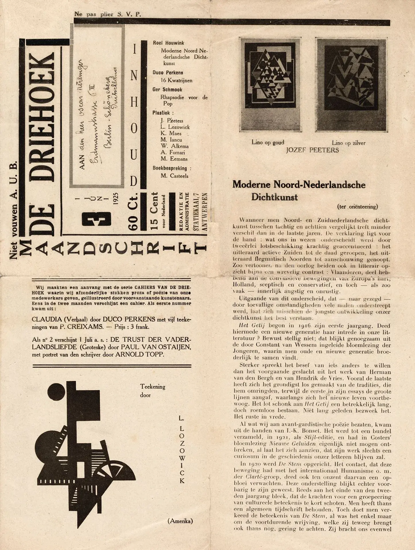 Belgium [MAGAZINE]. DE DRIEHOEK. Antwerp, No. 3/1925. 18.2 x - Lot 176
