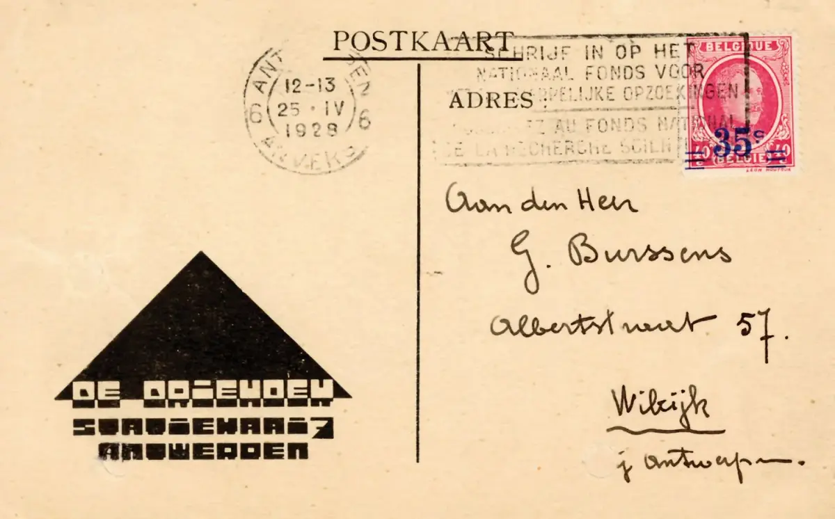 [ADVERTISING CARD FOR DE DRIEHOEK PUBLISHERS]. Antwerp, 1925 - Lot 177
