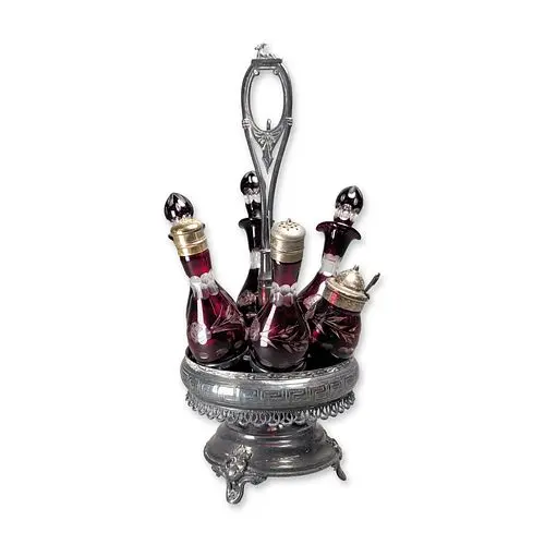 7pc Victorian Silver Plate and Cranberry Cut to Clear Glass Castor Set