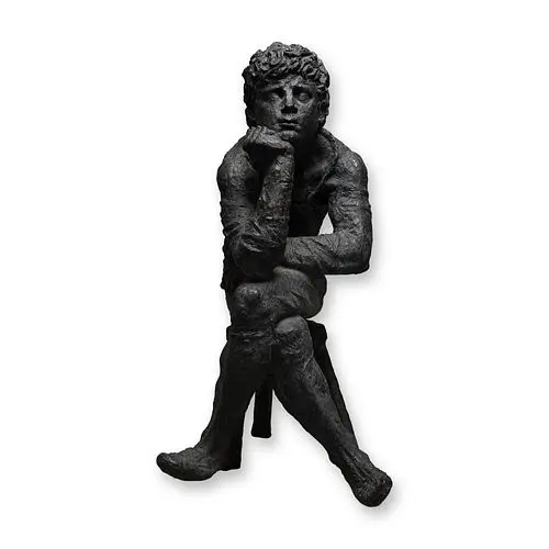 American Cast Bronze Figure of a Boy Seated on a Stool, Signed