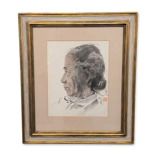 Asian School Ink and Wash on Paper, Profile Portrait, Signed with Seal