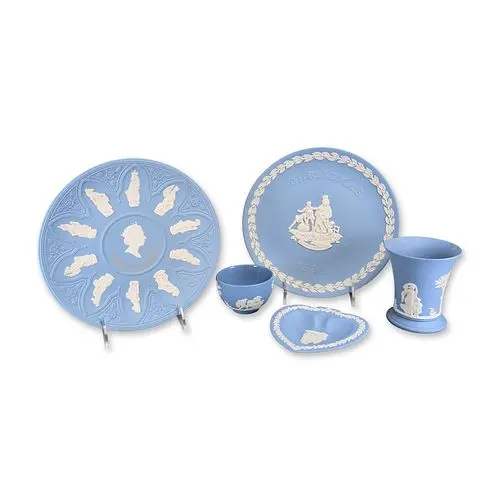 5pc Wedgwood Blue Jasperware Including Commemorative Plates and Vase