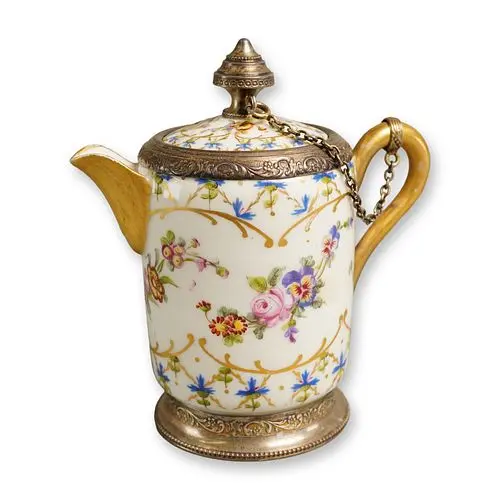 18th Century French Silver-Mounted Sevres-Style Porcelain Covered Cream Jug