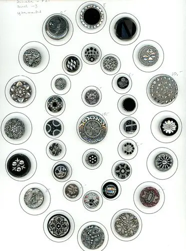 A CARD OF DIVISION ONE BLACK GLASS BUTTONS