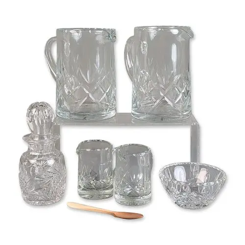 7pc Cut Glass and Crystal Tablewares, Pitchers, Bowl, Creamers, Spoon, Decanter
