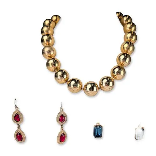 5pc Gold Tone and Rhinestone Necklace Brooches and Earrings