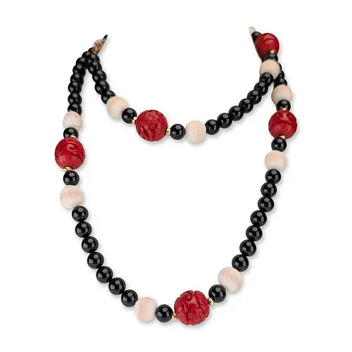14K Gold Onyx Sponge Coral and Carved Cinnabar Bead Necklace