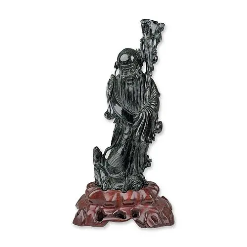Chinese Spinach Jade Shoulao Carved Figurine with Wood Stand