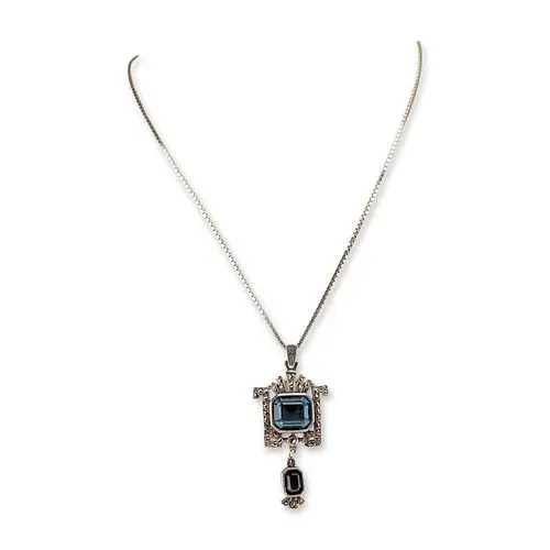 Art Deco Style 850 Silver Necklace & Blue Stone Marcasite Pendant Set