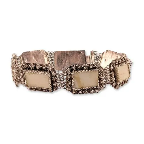 Vintage Asian Style 970 Silver Filigree and Bone Panel Bracelet