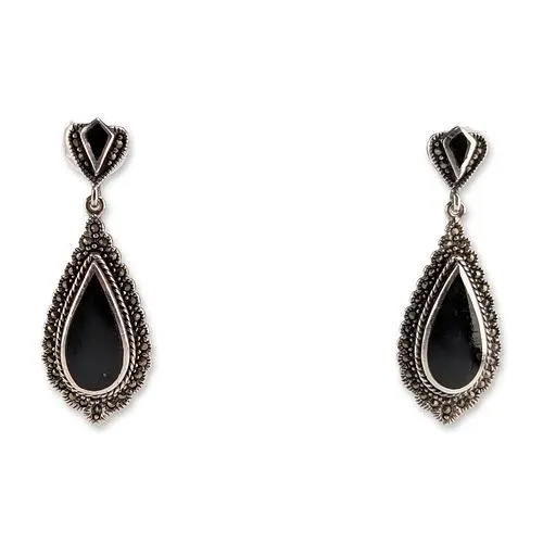 Sterling Silver Onyx and Marcasite Drop Earrings