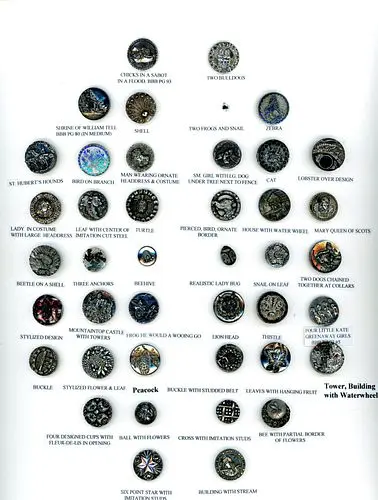A CARD OF DIVISION ONE PICTORIAL BLACK GLASS BUTTONS