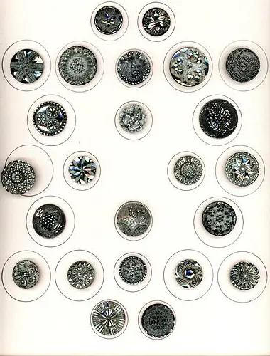 A CARD OF DIVISION ONE BLACK GLASS BUTTONS