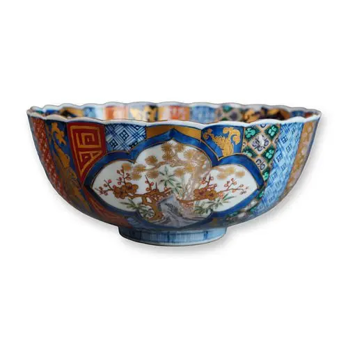 Japanese Imari Porcelain Fluted Bowl, Floral Panels, Rabbits, Old