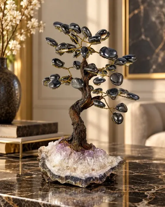 NO RESERVE PRICE - Gemstone bonsai tree on amethyst...