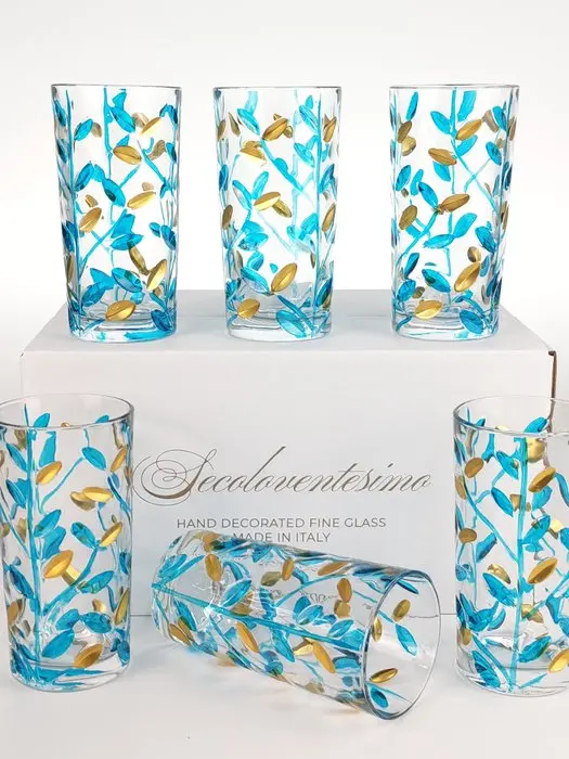 Secoloventesimo - Drinking service (6) - Leaves turq golden glass - Enamel
