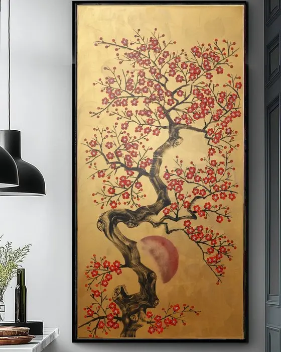 Ksavera - Japanese sakura J565 - gold painting on XXL canvas 210cm