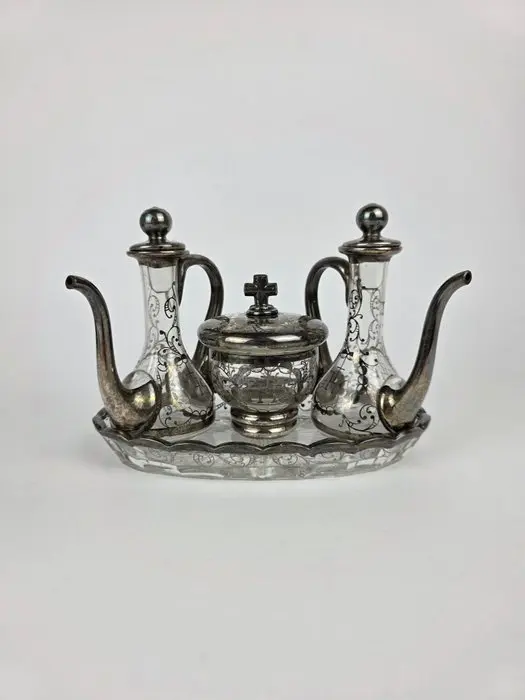 Rare altar liturgical service with ampoules and a small jar for purification