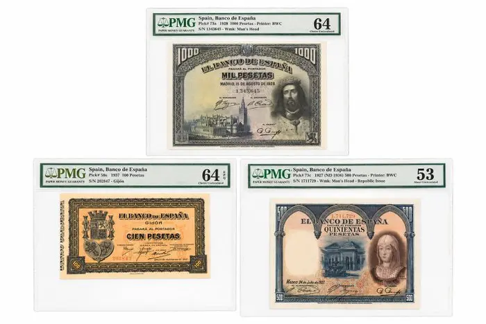 Spain. - 3 slabbed banknotes - Various Dates - Pick58