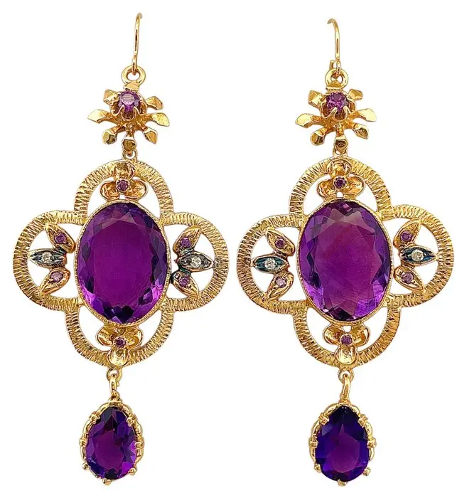 No reserve price - Earrings - 9 kt. Yellow gold, Silver Amethyst - Diamond