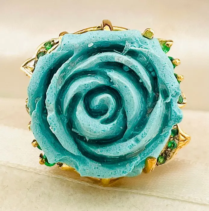 No reserve price - Ring - 9 kt. Silver, Yellow gold Emerald - Turquoise