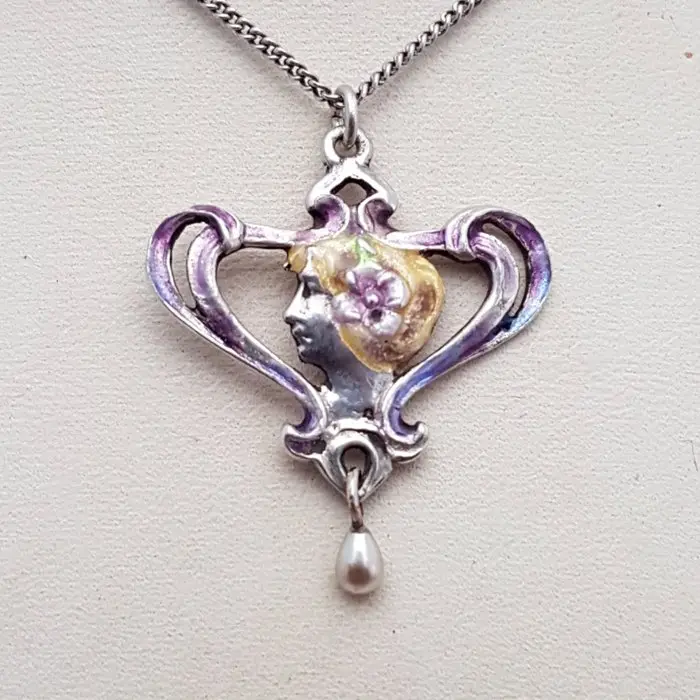 Silver, Art Nouveau, Enamel - Necklace with pendant