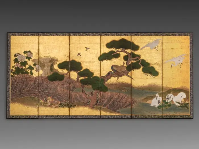 Folding screen with idyllic landscape - Lacquered wood