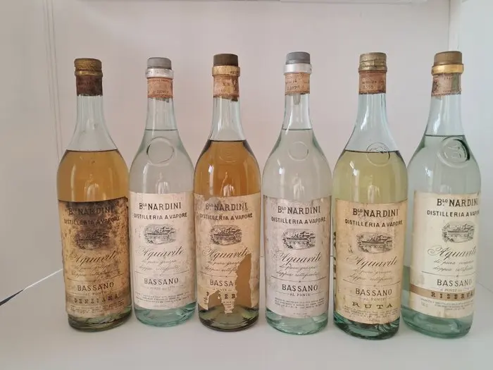 Nardini - Aquavite alla Ruta, Aquavite Bianca, Grappa Riserva (Ambrata) + Aquavite alla Genziana - b. Anni ‘60, Anni ‘70, Anni ‘80 - 100cl - 6 bottiglie