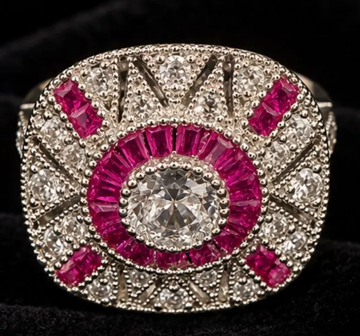 Exquisite 925 Sterling Silver Cocktail Ring Pink Baguette...
