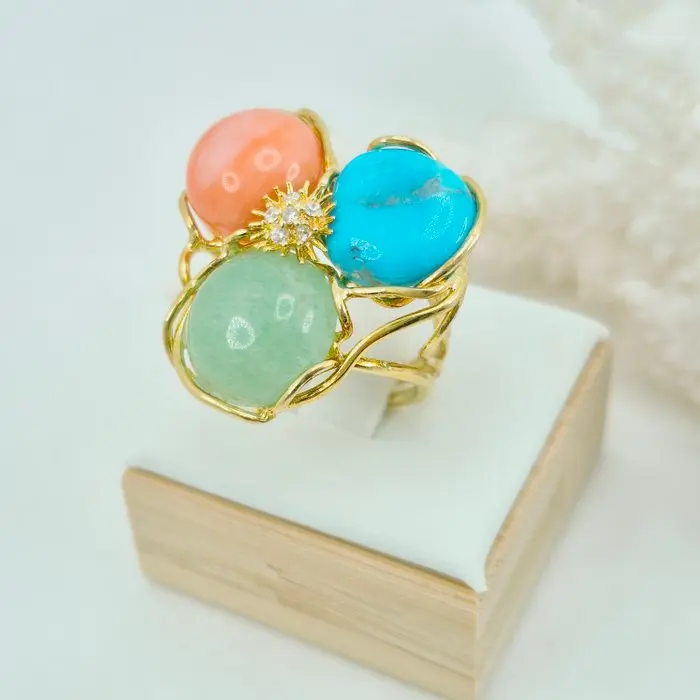 Silver, Gold-plated Ring - Turquoise, Coral and Jade
