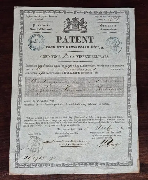 Netherlands. -1846 - Patent Gemeente Amsterdam