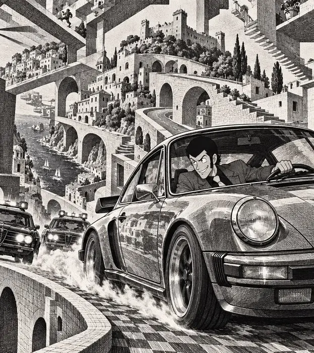 CREATIVE_HUB - Lupin III escape from Montecarlo in Escher style