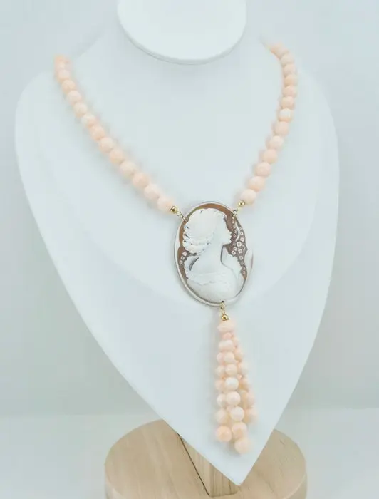 Silver, Gold-plated Necklace - Rose Coral and Cameo