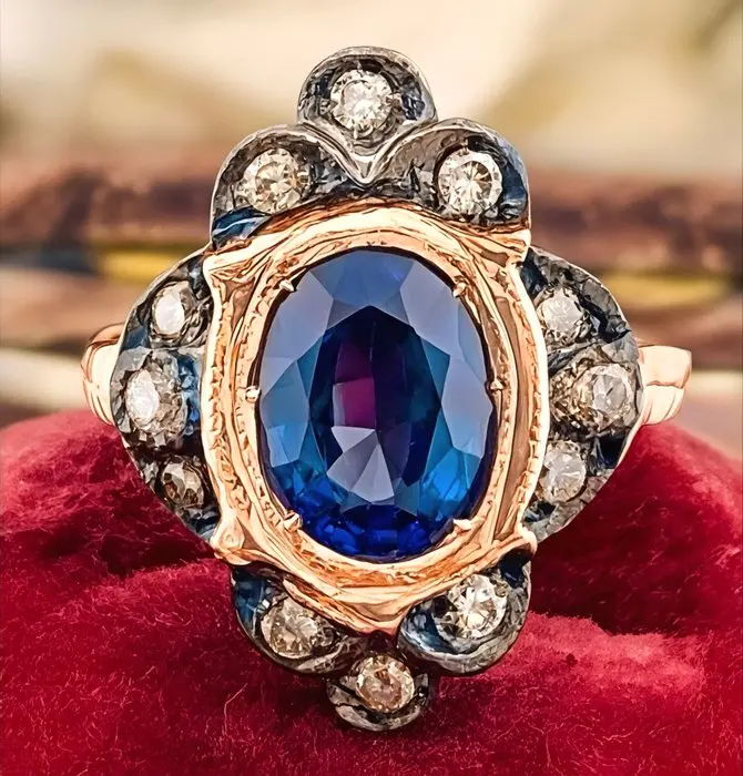 Senza prezzo di riserva - Anello - 9 kt Oro rosa, Argento Zaffiro - Diamante