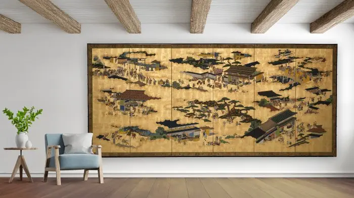 Folding screen with festive genre painting - Silk