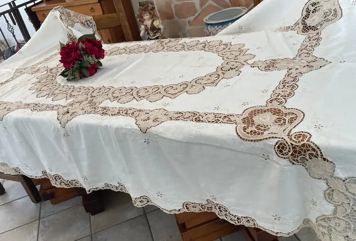 pizzo burano - Tovaglia - 255 cm - 170 cm - Ricami fatti a mano