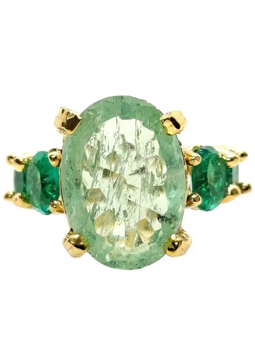 No reserve price - Ring - 9 kt. Silver, Yellow gold Emerald - Emerald