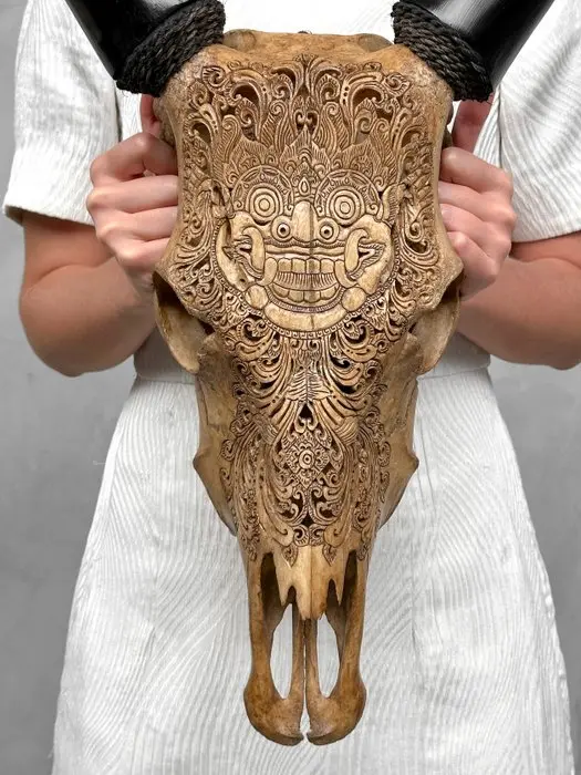 NO RESERVE PRICE - Authentic Brown Hand-Carved Cow Skull...