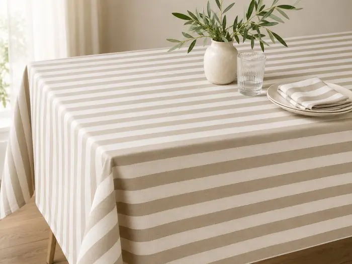 Elegant double-faced striped fabric in beige and ivory...