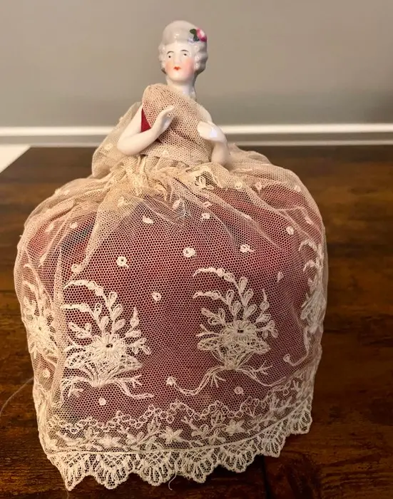 Figurine - Porcelain half doll pincushion - Porcelain, Textile